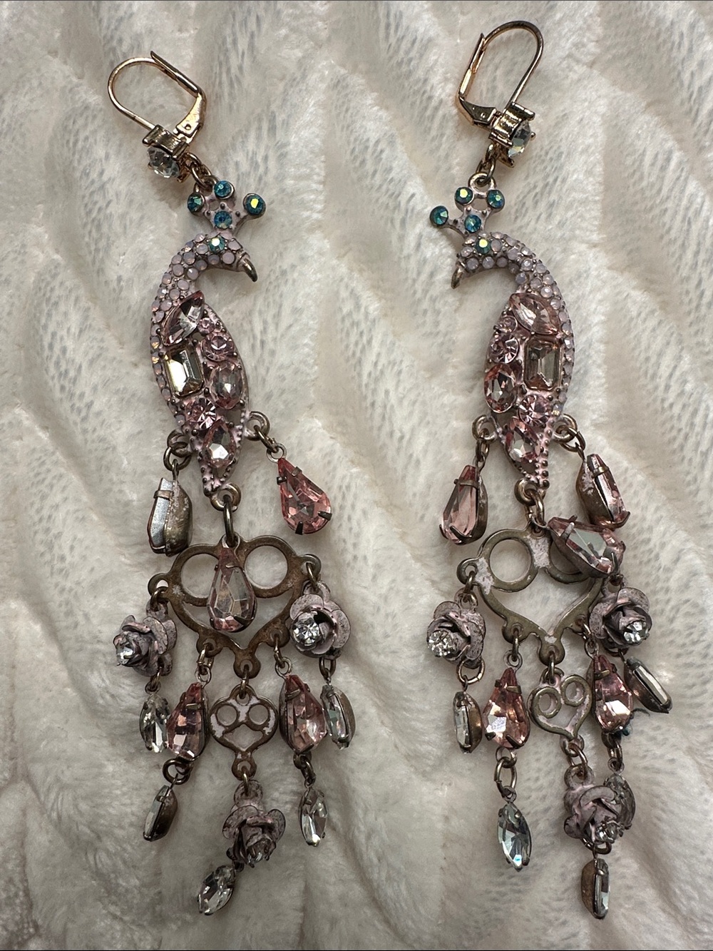 Betsey Johnson Pink Crystal Peacock Chandelier Earrings